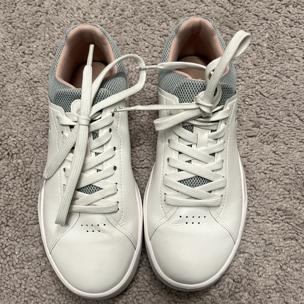On Running White Sneakers with Light Gray and Blush Accents - Picture 3 of 8